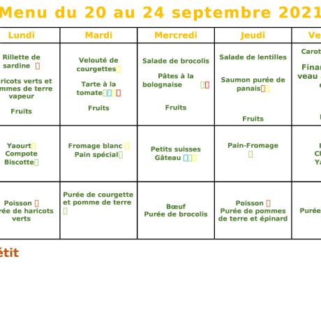 Menu crèche du 20 au 24 septembre 2021